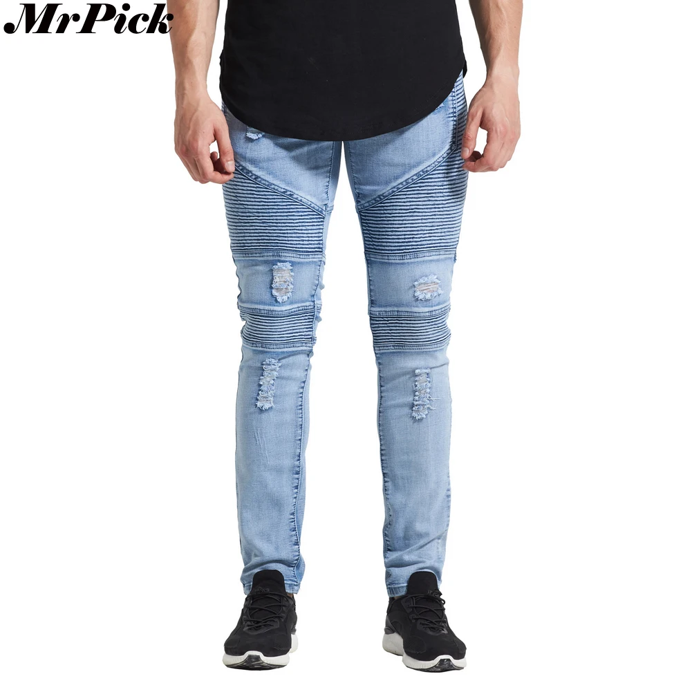 Mrpick New Men Jeans Da Motociclista Strappati Strappati 2017 Urban Classic 5 Stili Skinny Hole Pencil Stretch Jeans