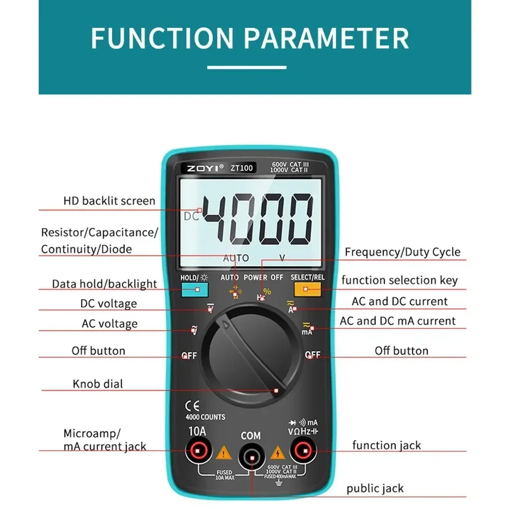 Zoyi Frequency Retroilluminazione Meter Tensione Diodo Frequenza Multimetro Digitale Zt98 Zt100 Zt101 Zt102 Amperometro Resistenza Voltmetro