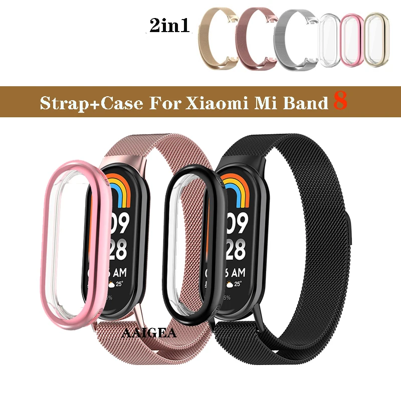 Per Mi Band 8 Strap Case Protector Bracciali In Acciaio Inossidabile Per Xiaomi Band 8 Magnetic Loop Band Per Miband 8 Cover Protettiva