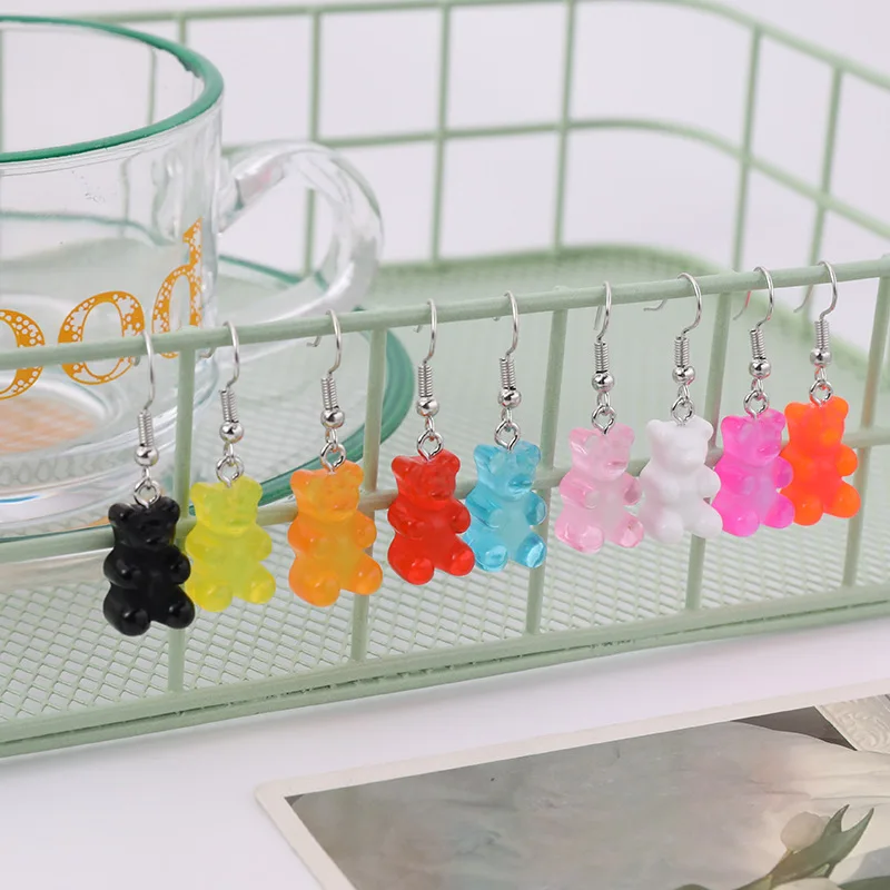 Bambini Candy Color Jelly Bear Orecchini Pendenti Donna Girl Cartoon Trasparente Bear Barrette Fashion Cute Resin Gummy Bear Jewelry