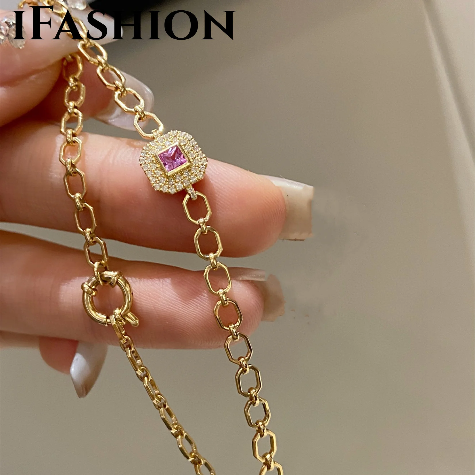 Ifashion Diamond Pink Sapphire Bracciale 18K Real Gold Solid Yellow Gold Jewelry(Au750)Women Fashion Wedding Fine Jewelry