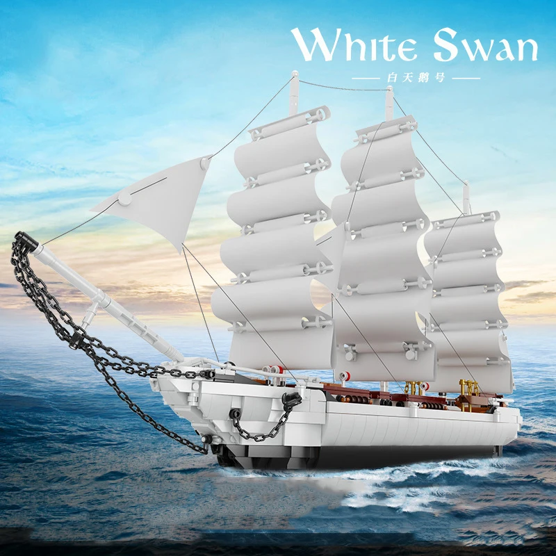 White Swan Sailing Boat Model Building Blocks Black Beard Ship Bricks Pirati Dei Caraibi Ghost Corsair Skull Pear Expert Toys