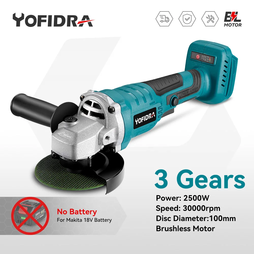 Yofidra 100Mm 3 Gear Brushless Electric Angle Grinder Cordless Metal Wood Grinding Lucidatura Utensile Da Taglio Per Makita 18Vbattery