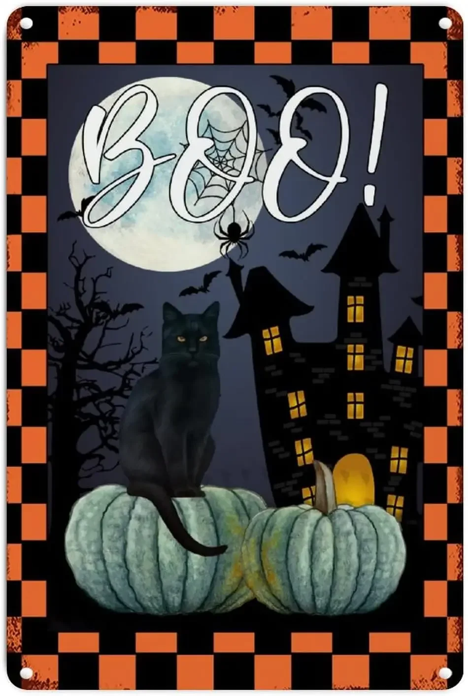 31 Ottobre Creepy Pumpkin Metal Wall Sign Scacchiera Buffalo Halloween Night Cat Rustic Shabby Chic Signs Art