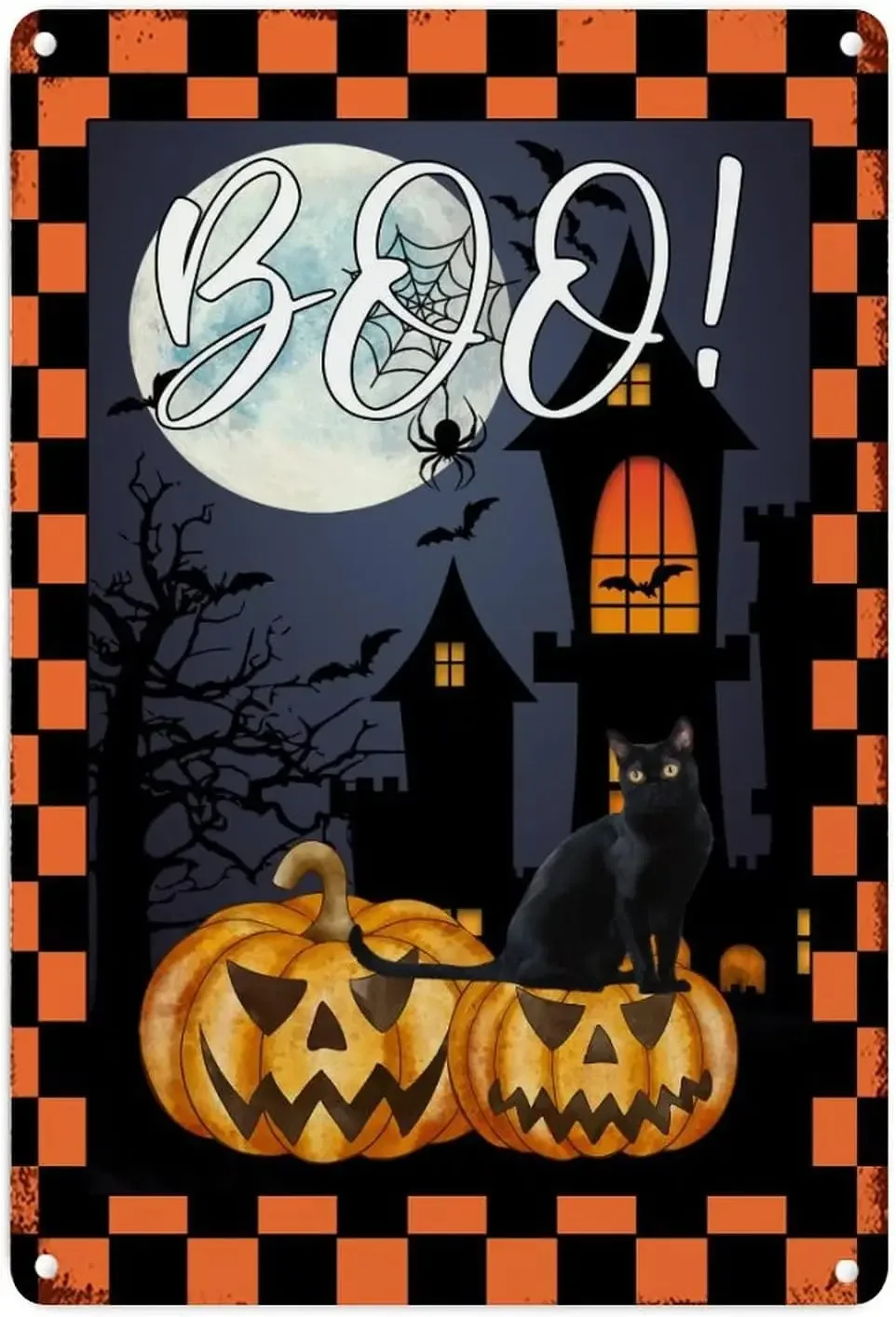 Scacchiera Buffalo Halloween Night Cat Men Cave Signs Spaventoso Pumpkin Metal Wall Creepy House Boo