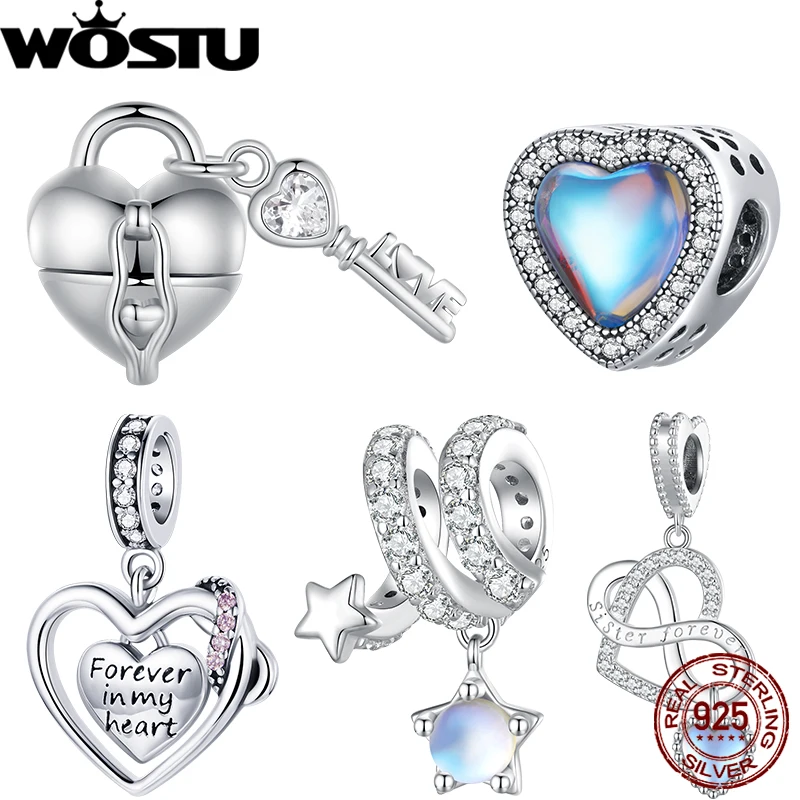 Wostu 925 Sterling Silver Apribile Heart Lock Key Charm Infinite Love Moonstone Pendenti Fit Accessorio Gioielli Braccialetto Originale