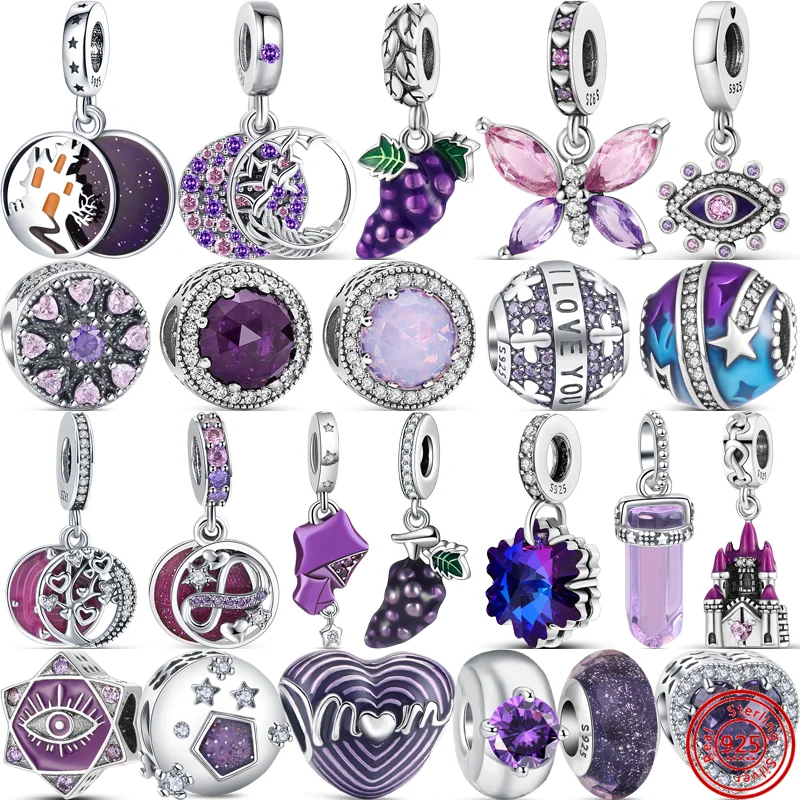 925 Sterling Silver Purple Grape Star Moon Heart Zircone Infinite Eternal Beads Fit Original Pandora Charms Bracciale Gioielleria Raffinata