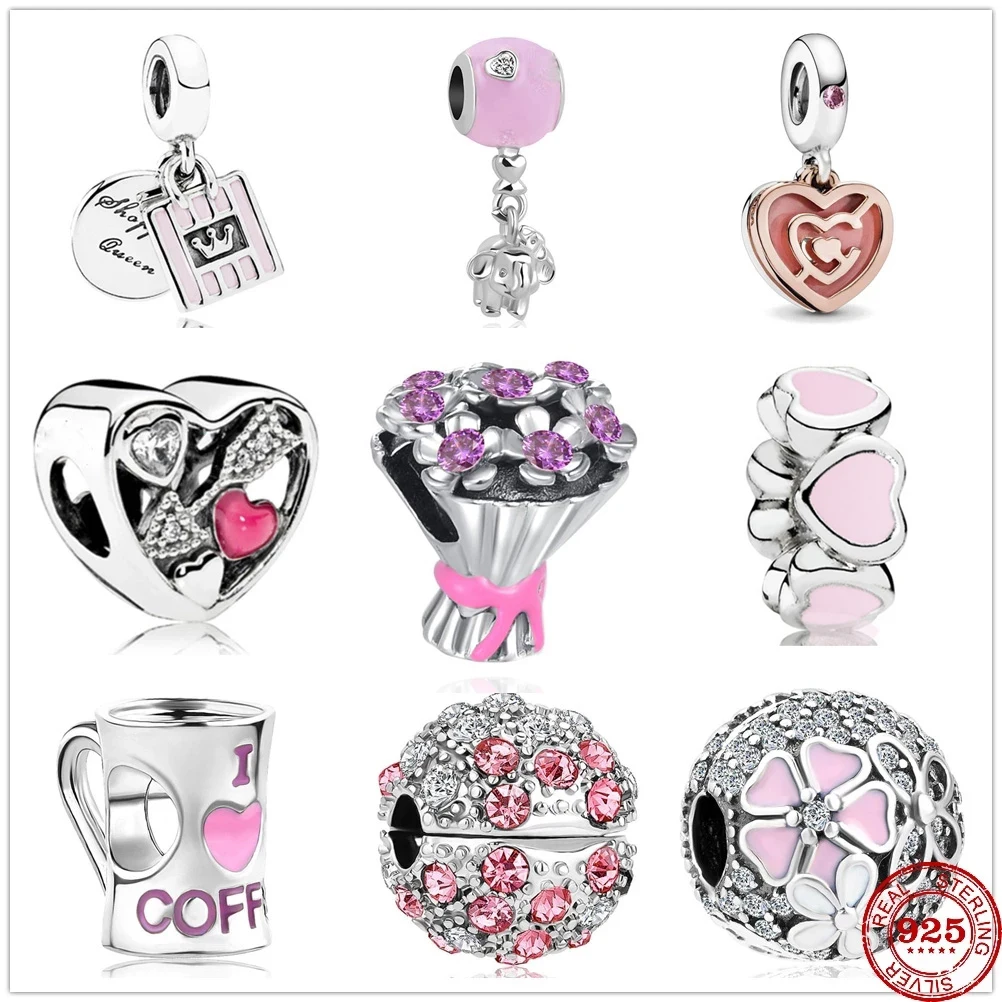 Nuovo 925 Sterling Silver Coffee Elephant Pandora Pink Heart Clip Charm Bead Fit Bracciale Pandora Originale Gioielli Fai Da Te Per Le Donne