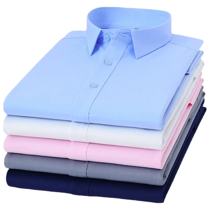 Men'S Easy Care Solid Bamboo Fiber Dress Shirts Comfortable Soft Long Sleeve Elastic Non Iron Male Regular-Fit Formal Tops Shirt