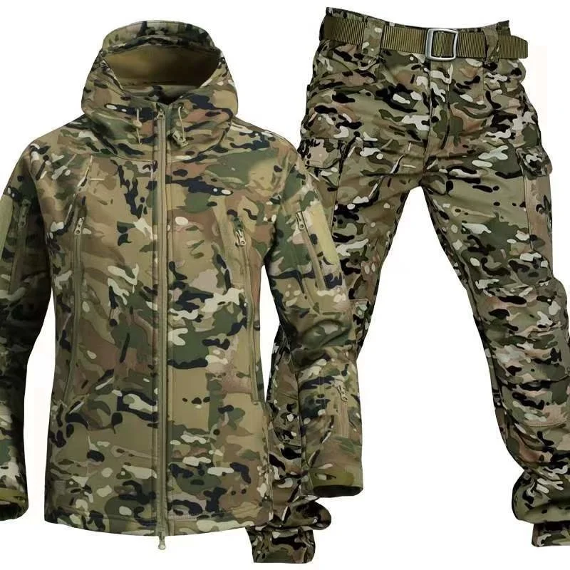 Outdoor Tactical Soft Shell Hunting Jacket Set Men Military Camouflage Impermeabile Fleece Clothes Suit Winter Warm Tute