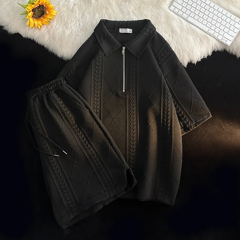 Summer Waffle Two-Piece Set Women Turn-Down Collar Zip Half Sleeve T-Shirt Elastic Waist Shorts Suit Casual Loose Pullover Top