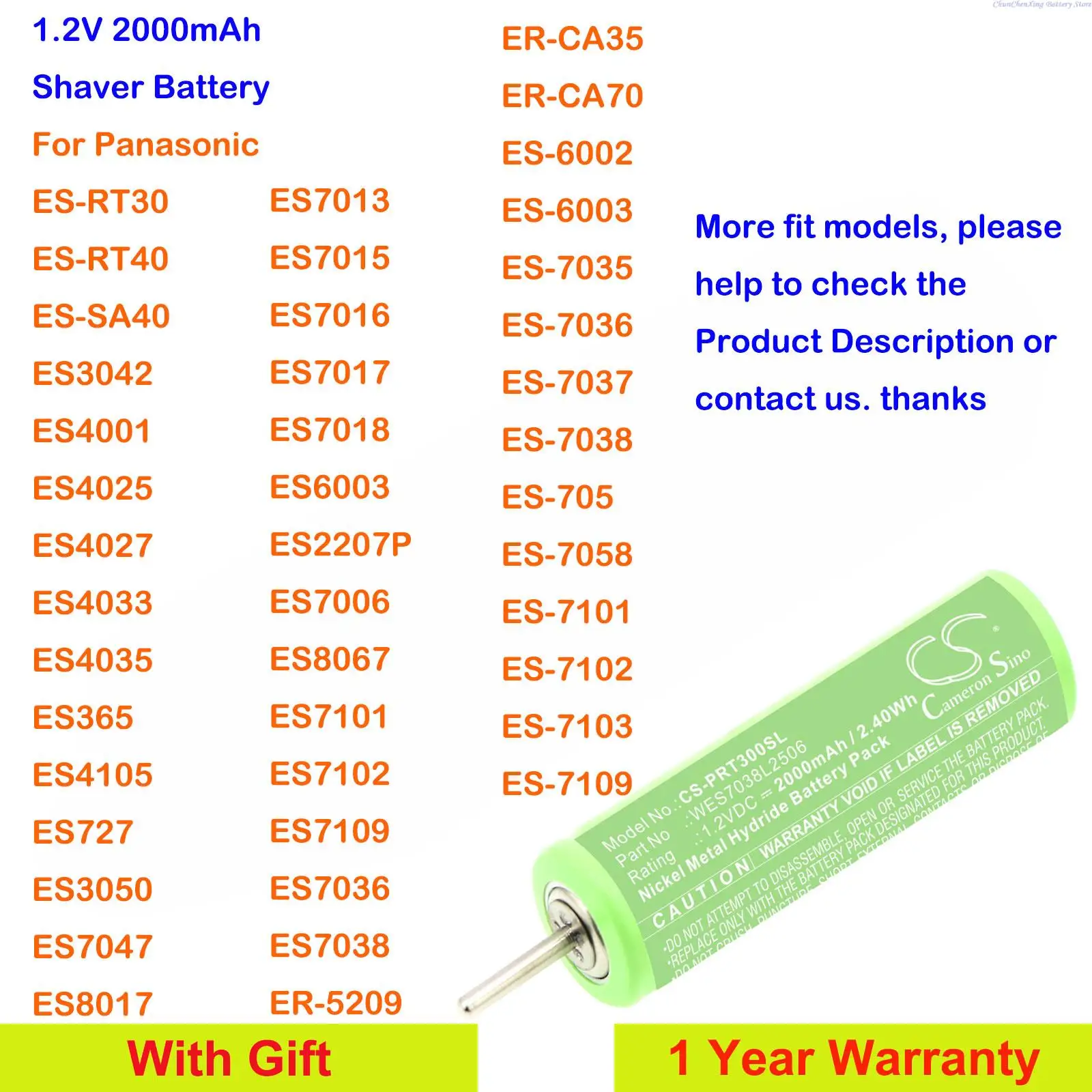 Batteria Per Rasoio Cameron Sino 2000Mah Per Panasonic Es3050,Es7047,Es8017,Es7013,Es8067,Er-5209,Ca35,Ca70,Es-718,Ew1311,Ewdj40,Rw30