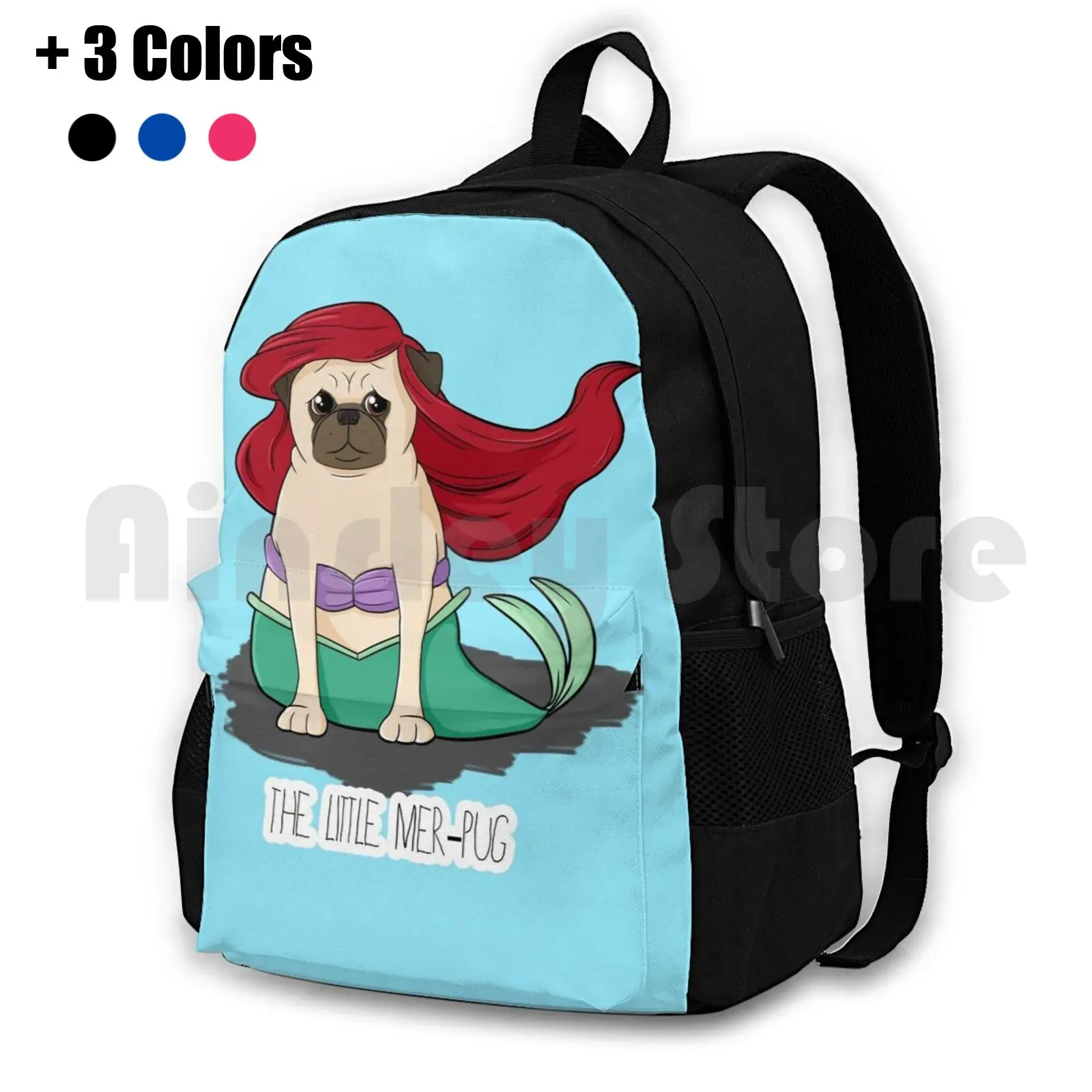 The Little Mer-Pug Zaino Da Trekking All'Aperto Impermeabile Campeggio Viaggio Pug Carino Divertente Parody La Sirenetta Sirena Mer Pug
