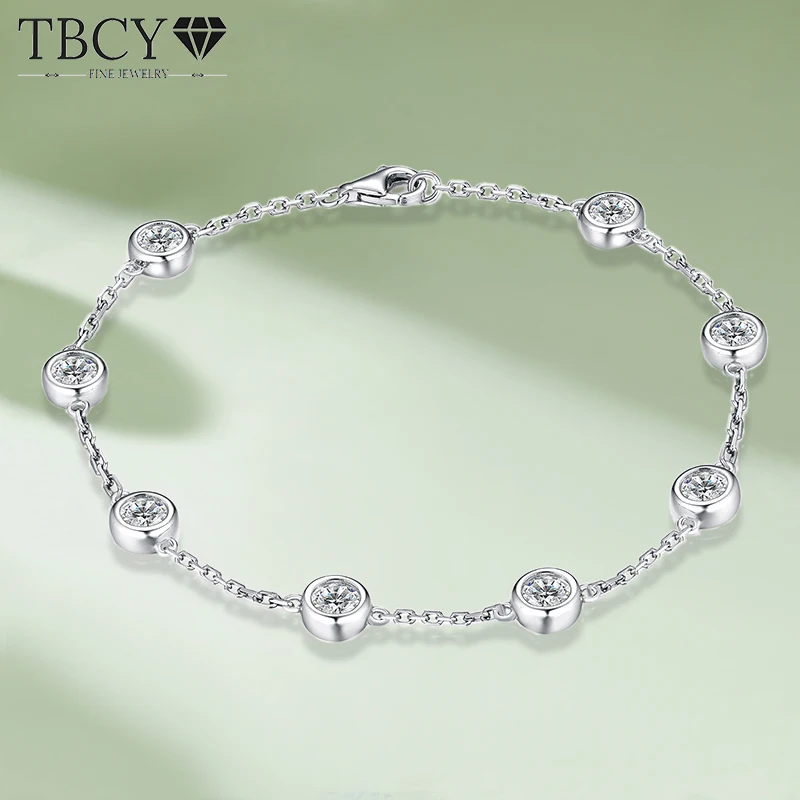 Tbcyd 4Mm 2.4Cttw Round Bubble Moissanite Bezel Bracciale Per Donna 925 Sterling Silver Diamond Hand Chain Gioielli Placcati Rodio