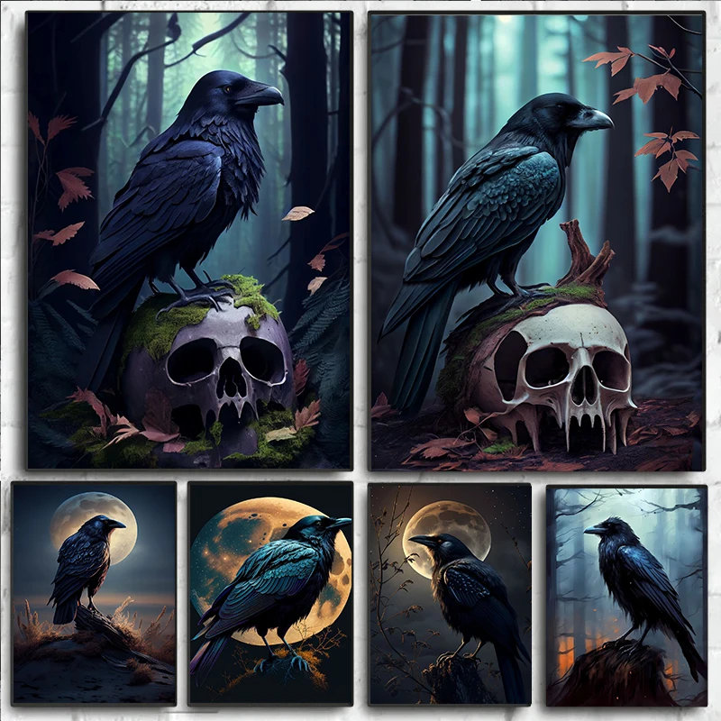 Acquerello Black Raven Skull Moon Illustration Poster Canvas Painting Abstract Animal Wall Art Pictures Living Room Home Decor