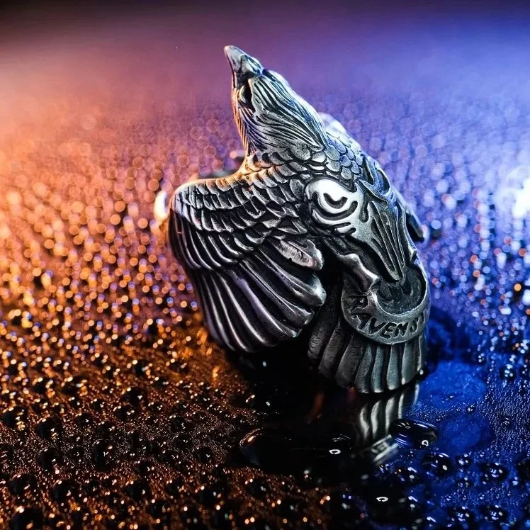 Fine Carve Feather Roaming In The Sky Eagle Retro Punk Raven Ring Ring For Men'S Atmosphere Eagle Animal Ring Handpiece