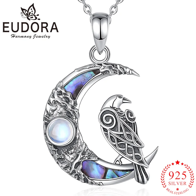Eudora Collana In Argento Sterling 925 Raven Moonstone Abalone Shell Moon Ciondolo Vintage Gioielli Stregoneria Regalo Per Le Donne