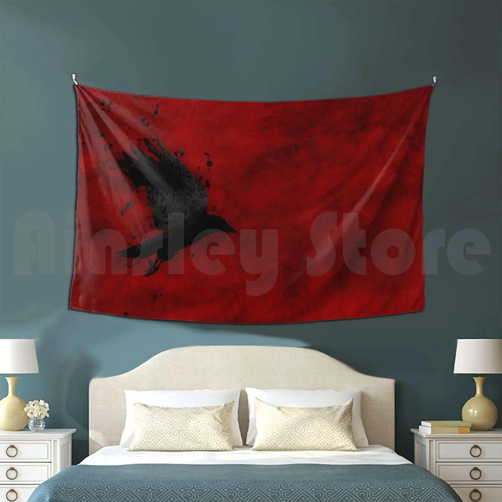 Raven Acquerello Arazzo Sfondo Appeso A Parete Raven Bird Dark Careton School University Red Black Crow
