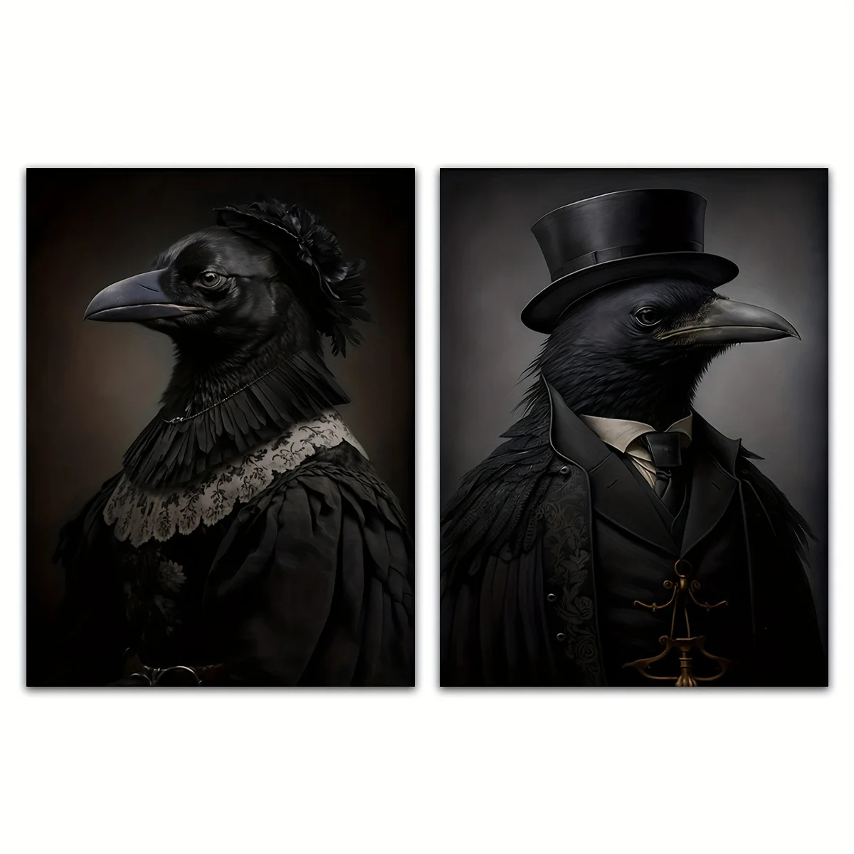 Dark Halloween Poster, Gentleman Lady Crow Painting, Vintage Raven Wall Art, Canvas Print Picture, For Living Room Home Decor
