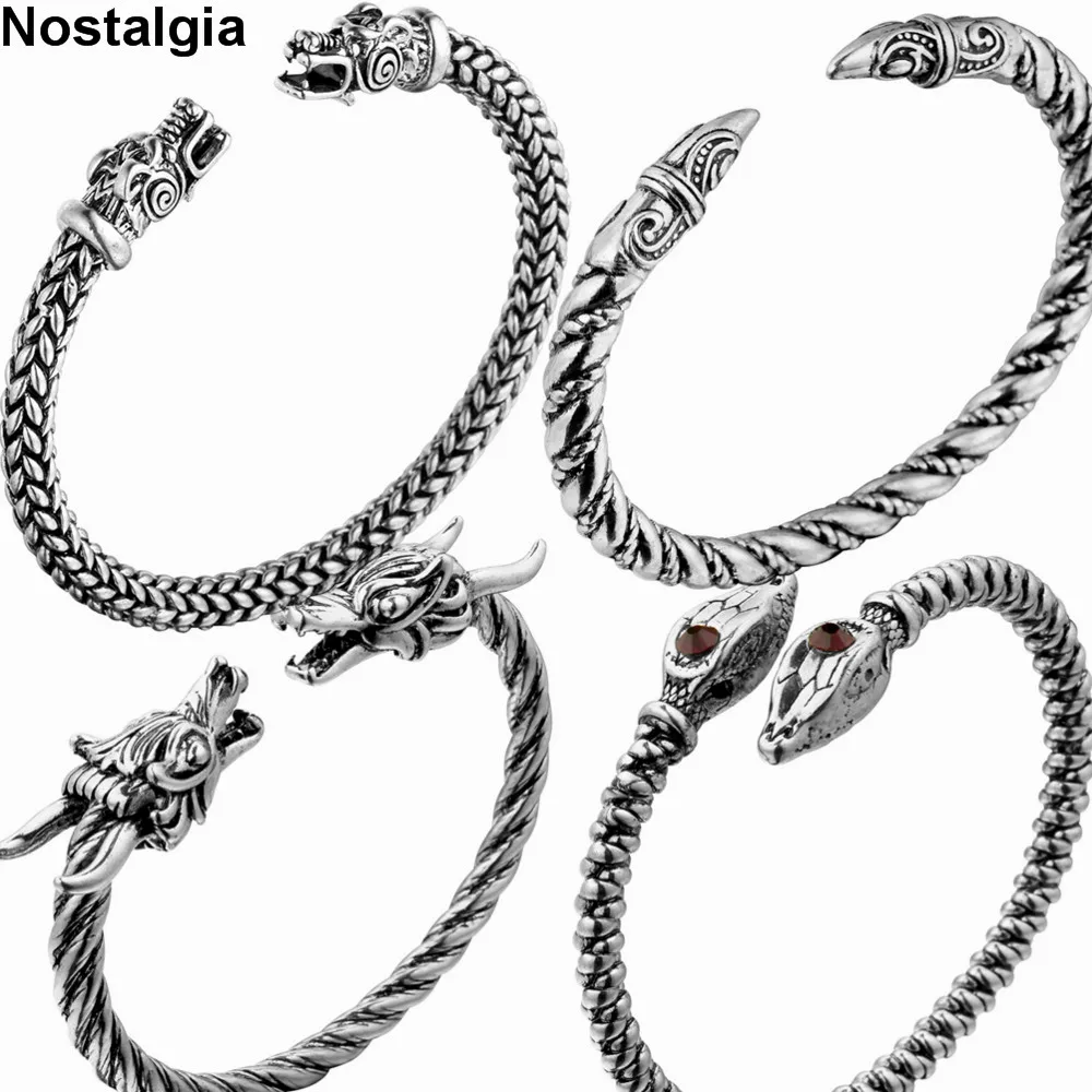 Retro Cuff Wolf Raven Dragon Snake Head Bracciale Vichingo Uomo Vikingos Jewelry Brazalete Vikingo Bangels Accessori Donna
