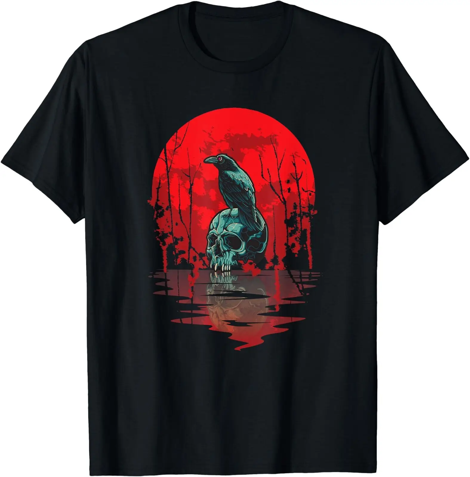 Gothic Raven Skull Red Moon Black Crow T-Shirt Taglia S-5Xl