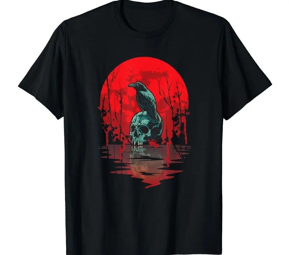 Gothic Raven Skull Red Moon Black Crow T-Shirt Taglia S-5Xl