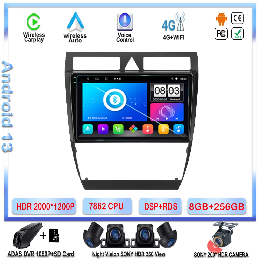 7862 Cpu Android 13 Per Audi A6 C5 1997-2004 S6 2 1999-2004 Rs6 1 2002-2006 Unità Principale Stereo Qled Schermo Dashcam Navigazione 5G