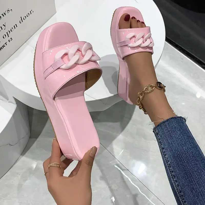2022 New Chain Line Slippers Women Women'S Wedge Heel Non-Slip Square Head Metal Slippers Fashion Large Size Women'S Slippers