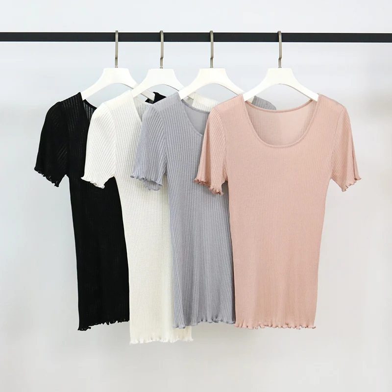Leechee Nature Silk T-Shirt Donna Manica Corta Bottoming Shirt Estate Versatile Slim-Fit Mulberry Garden Collar Filettato Sottile