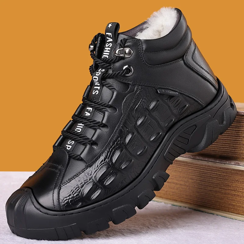 Uomo Outdoor Escursionismo Mountain Boots Vera Pelle Pelliccia Naturale Caldo Trekking Neve Stivaletti Alla Caviglia Scarpe Tattiche Da Caccia Woodlan