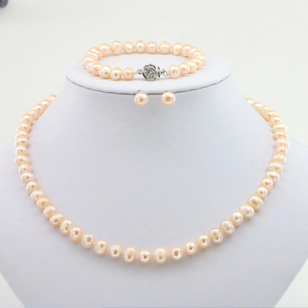 Set Di Gioielli Di Perle Naturali Per Le Donne 7-8Mm Collane Di Perle Vere D'Acqua Dolce Braccialetto Orecchino 4 Colori Fascino Regalo Per Ragazze Di