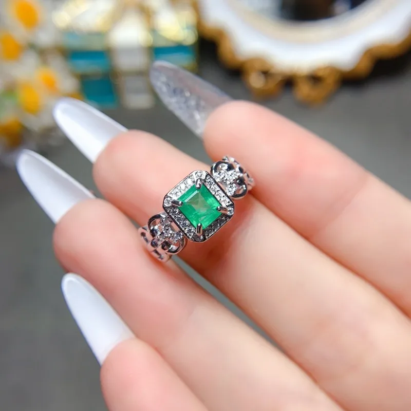 Luxury New Boutique Jewelry Ring True 925 Silver Natural 5*7Mm Emerald Open Ring Square Cut Natural Emerald Ring