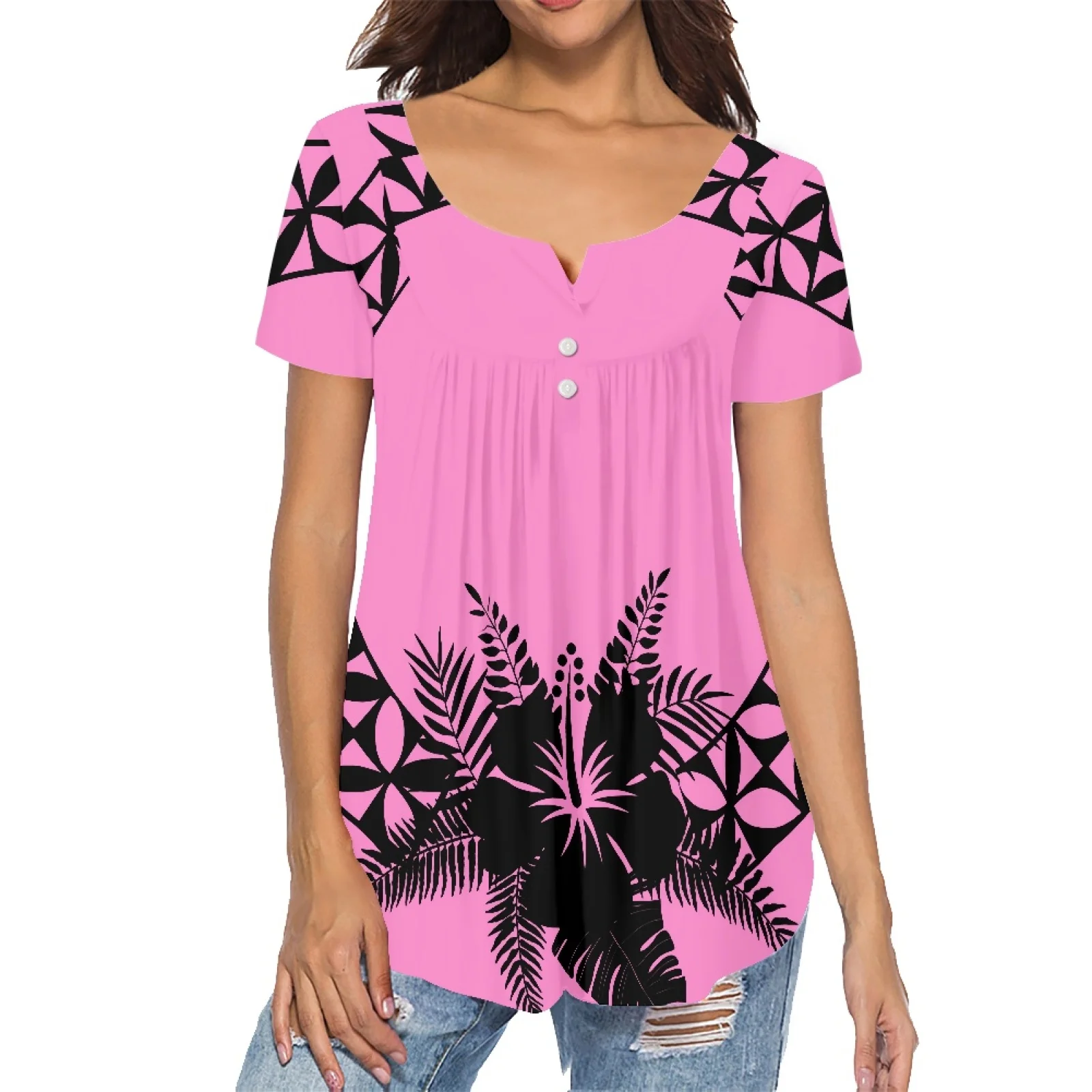 Samoa Tribe Summer Girls Camicie Nuovi Arrivi Moda Hibiscus Flowers Donna Manica Corta Con Scollo A V Magliette Casual Da Donna