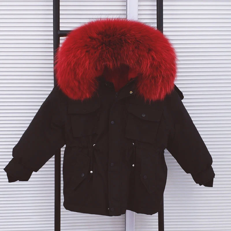Real 2023 New Boy Girls Fur Parka Winter Kid Jacket Cappotto Con Cappuccio In Pelliccia Di Procione Naturale Fodera In Pelliccia Di Coniglio Rex Stacc