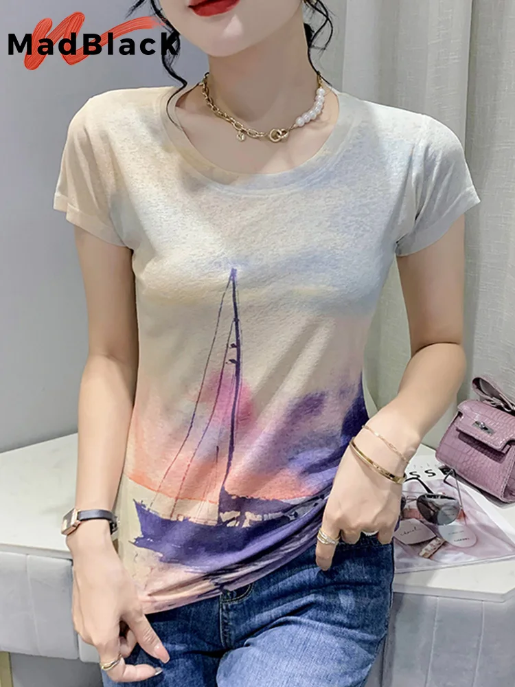 Madblack Summer European Clothes Bamboo Fiber Slim T-Shirt Fashion Print Donna Top Manica Corta Street Tees 2022 Nuovo T26417L