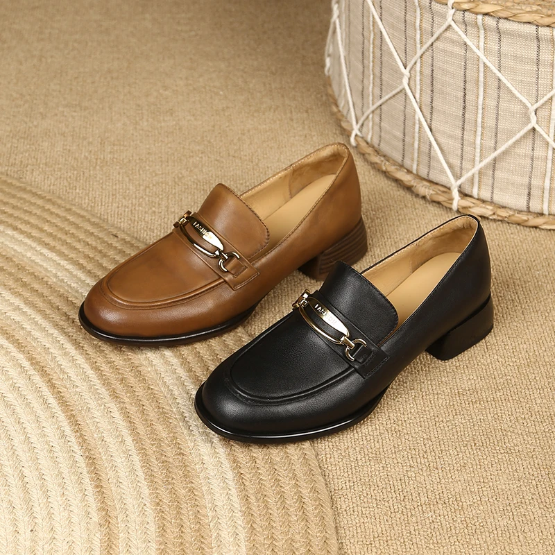 2023 New Spring Autumn Women Pumps Natural Leather 22-25Cm Cowhide+Pigskin Full Leather Loafers Retro Brush Color Women Shoes