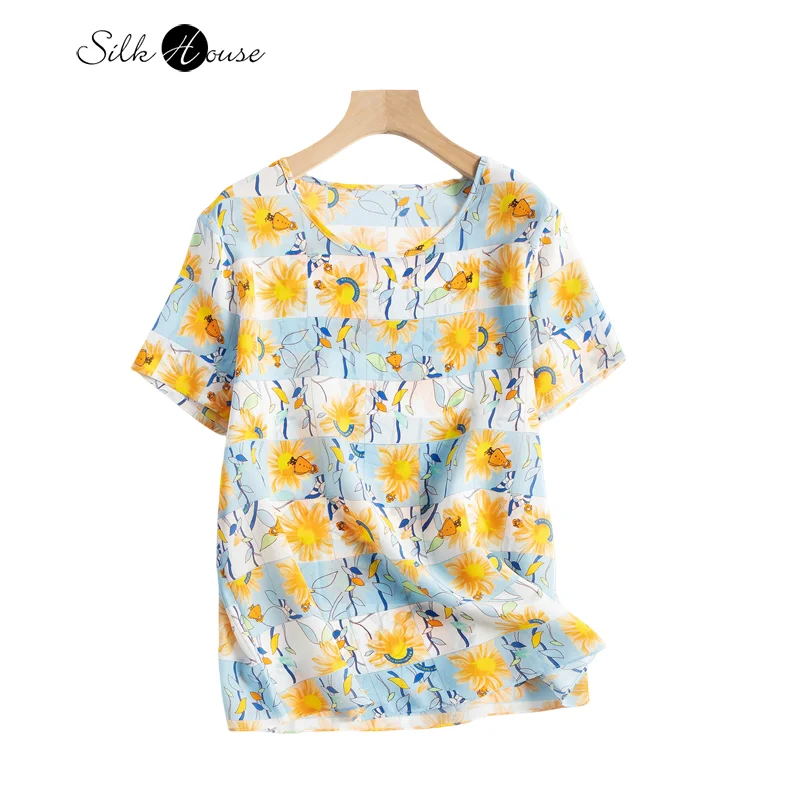 Off Season Healtness Summer 100% Natural Mulberry Silk Crepe De Chine Stampa Floreale T-Shirt Da Donna Con Top Dritto Allentato