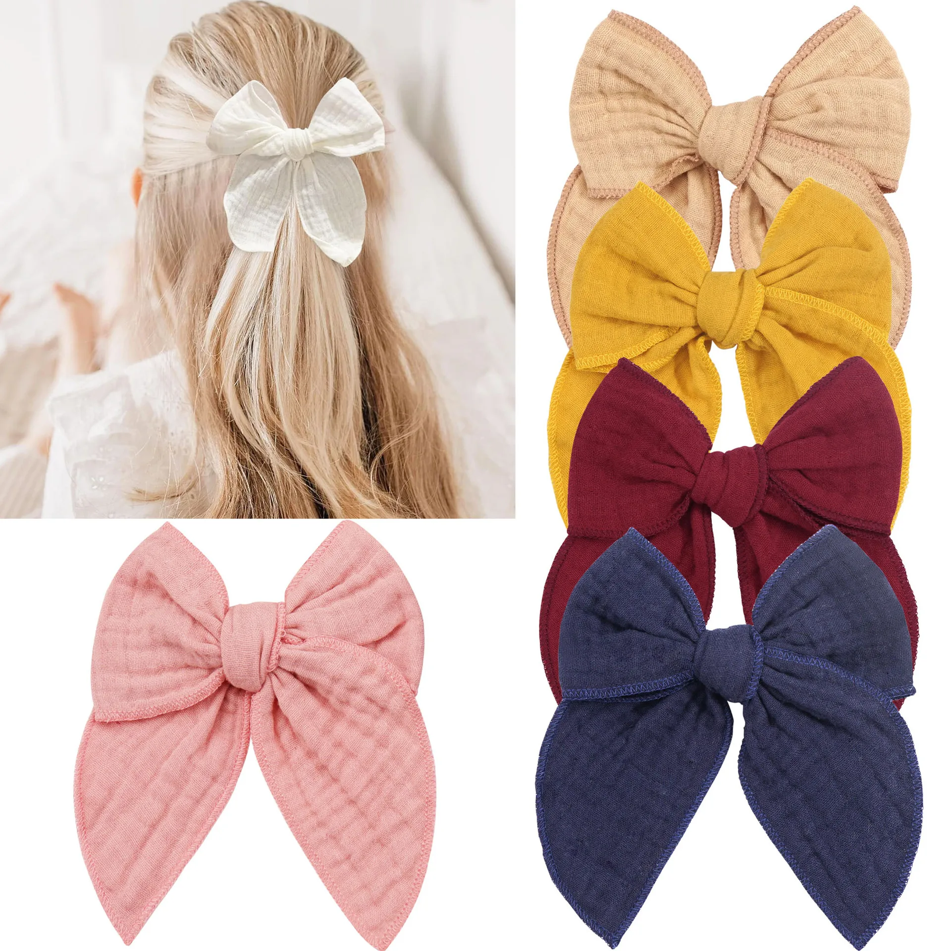2 Pz/Lotto, Drop Shipping 5.5 "Morbido Filato Di Cotone Fable Bow Fermagli Per Capelli Donna Ragazze Sailor Bow Forcine Accessori Per Capelli Per Bamb
