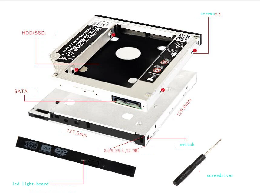 Caddy/Staffa Per Disco Rigido Ssd Hdd Sata Da 12.7Mm Per Packard Bell Easynote Tj77 Tj78 Tj74 Lm81 Lm82 Lm83 Lm94 Tk11 Lx86