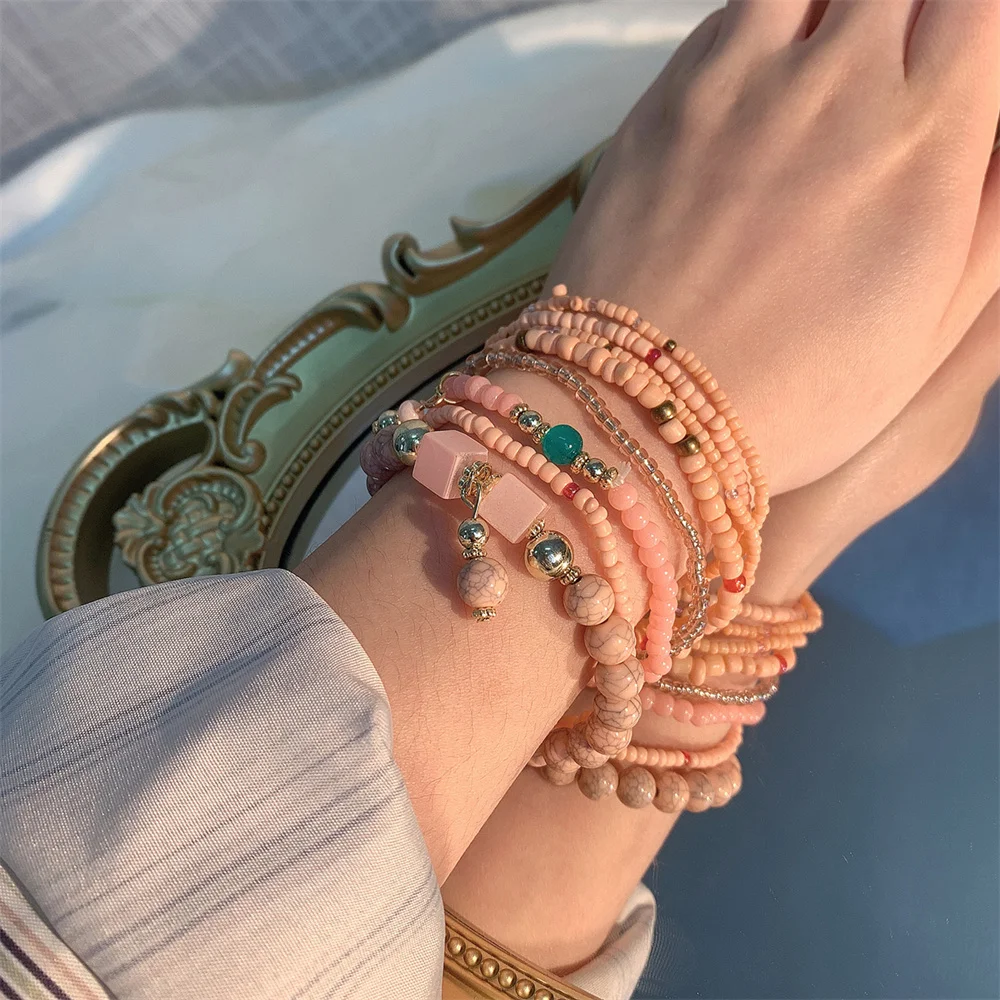 8 Pcs Turquoise Bohemian Ethnic Style Multi-Layer Rice Bead Bracelet Creative Elastic Jerwery Set Stone Natural Charm Gifts