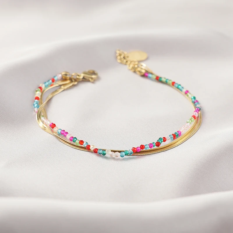 Colorful Rice Beads Bracelet Summer Three Layers Snake Bone Chain Gold Stainless Steel Bracelet For Women Bohemian Jewelry Gifts
