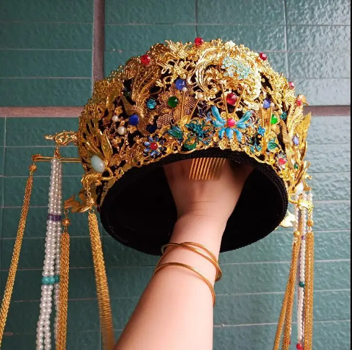 Chiense Head Of The Qing Dynasty Empress Queen Hat Studio Props Stage Cap Color Oro
