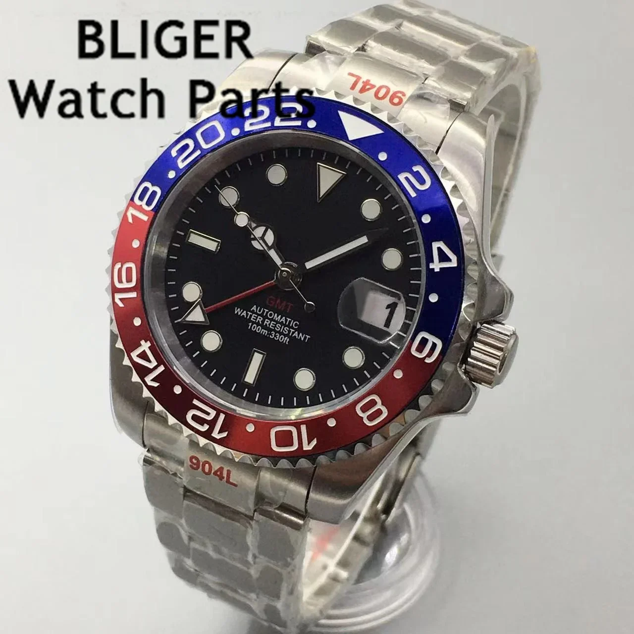 Bliger 40Mm Orologio Da Polso Impermeabile Argento Nh34 Gmt Movimento Automatico Dive Men Watch Data Funzione Vetro Zaffiro Verde Luminoso