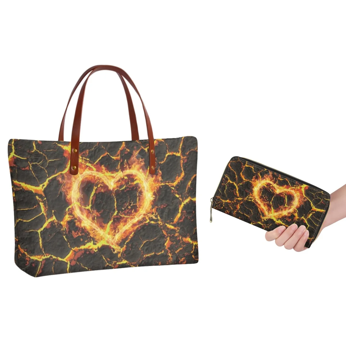 Forudesigns Borsa Fire Road Heart Design Portafoglio Yellow Burning Flame Handbag Ladies Bag Set Trendy High Street Shopper