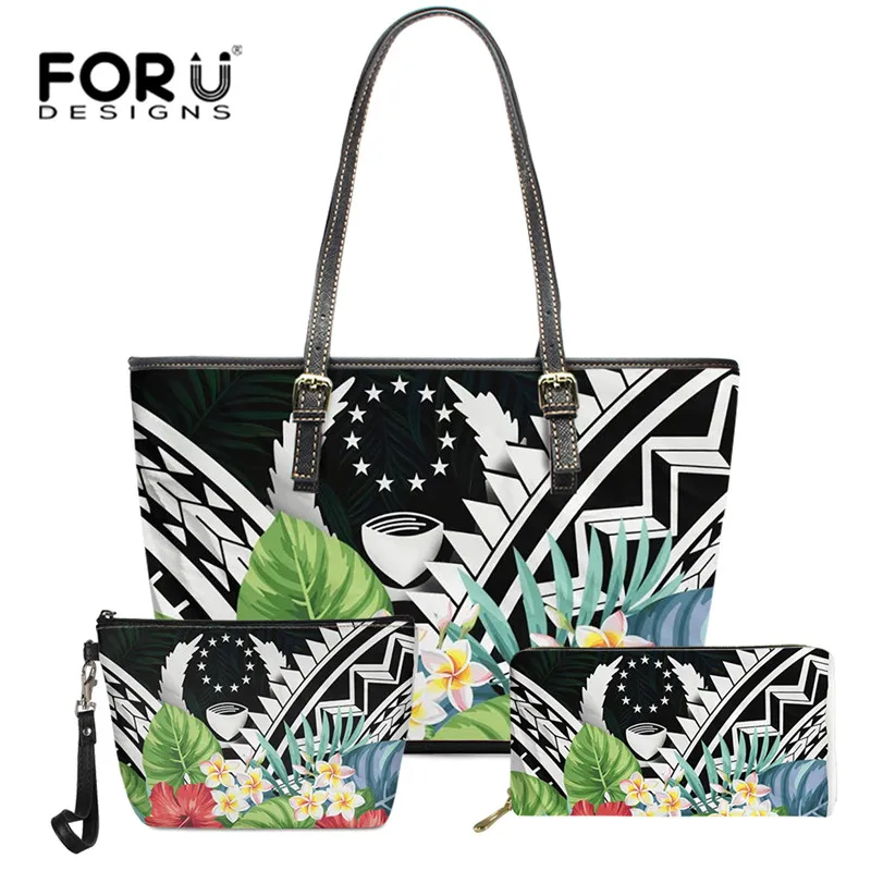 Set Di 3 Borse A Tracolla E Portafogli Vintage Pohnpei Modello Di Ibisco Polinesiano Borse Grandi Borse Da Donna Con Manico In Pu Borse