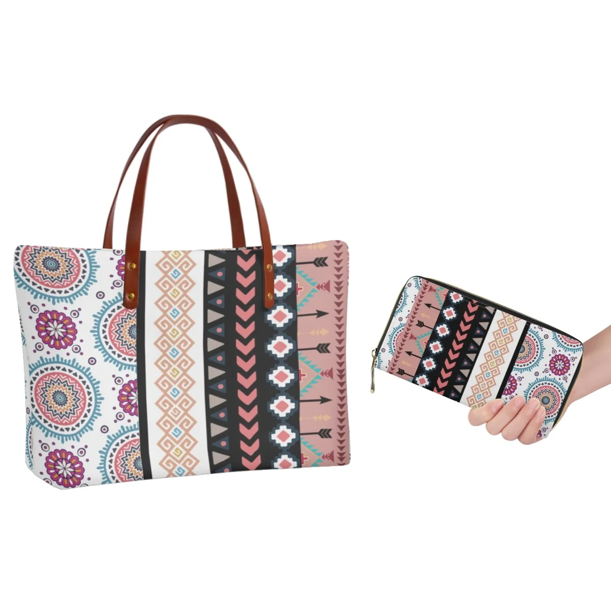 Forudesigns Tribal Pattern Handbag Organizer Poliestere Mandala Flower Tote Portafoglio Da Donna Con Cerniera Multistrato Stile Retrò