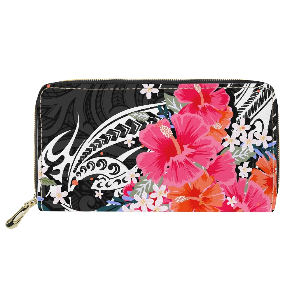 Hycool Zipper Long Pu Portafoglio In Pelle Femminile Polinesiano Tribale Hawaii Flower Print Luxury Woman Clutch Bags Organizer Borsa