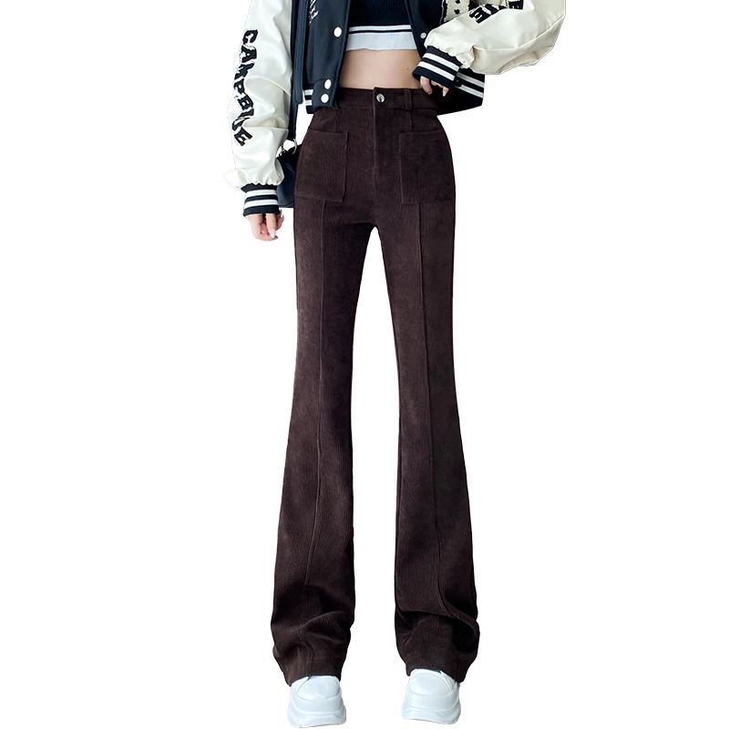 Autunno Inverno Femminile Ispessimento Velluto A Coste Pantaloni Svasati A Vita Alta Micro Pantaloni Donna Caffè Nero Pantaloni Di Velluto A Coste Pan