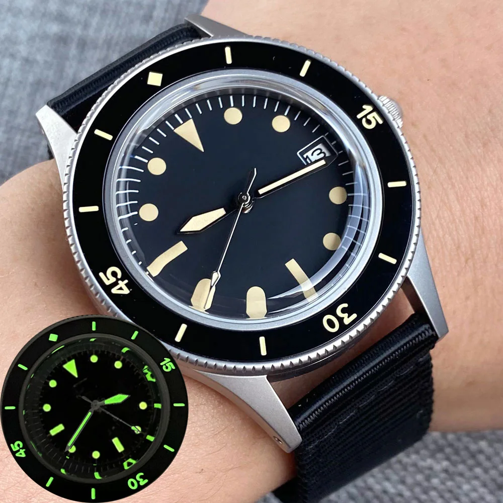 40Mm 20Atm Blue Ar Blasting Sand Retro Watch For Men Bow Sapphire Glass Green Lume Bezel Japan Nh35A Orologio Automatico