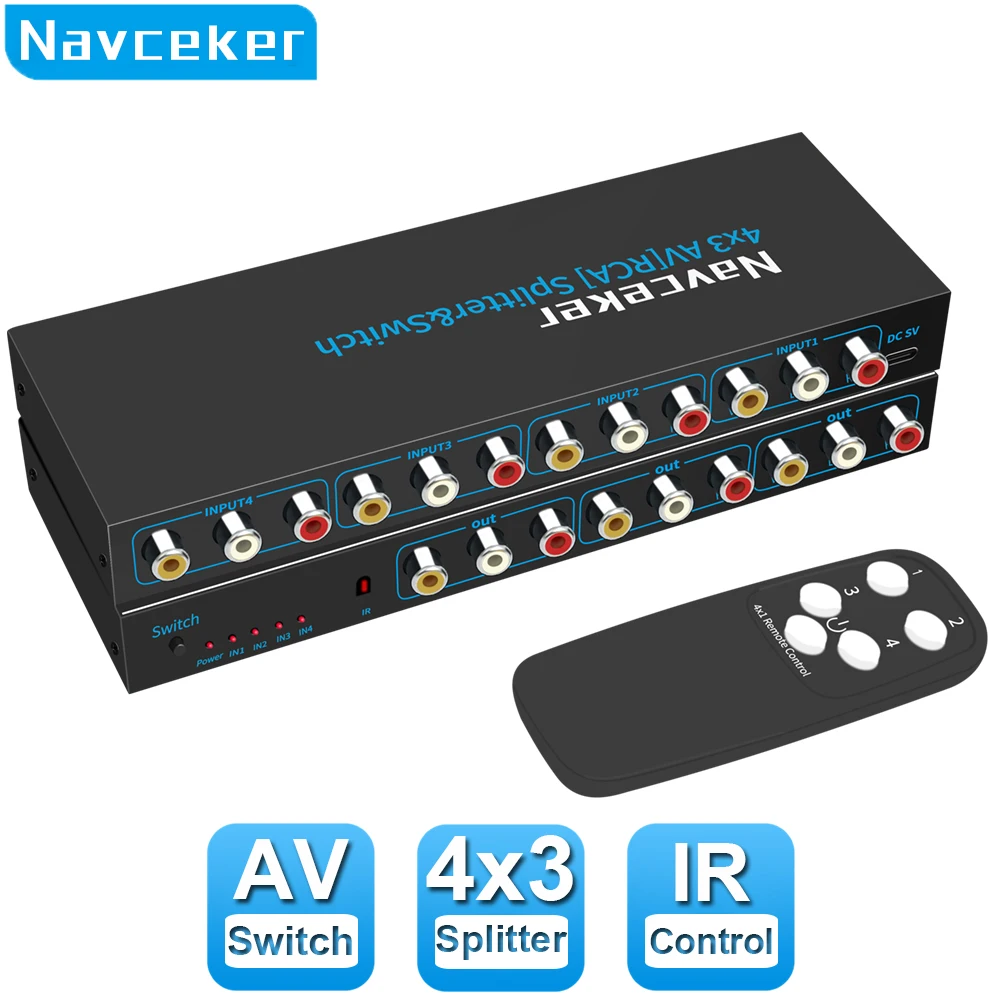 Navceker Rca Av Switch Splitter Box 4 In 3 Out Av Audio Video Signal Composite Per Hdtv Lcd Dvd 3 Rca Switcher 4 A 1 Selettore